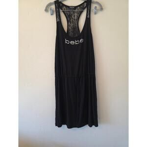 Bebe Black Lace Back Dress Y2K Rhinestone Logo Cinched Waist Size Large